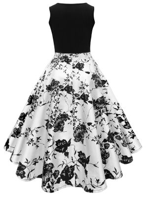 Black and white waisted dress with floral design DRESSPRO 