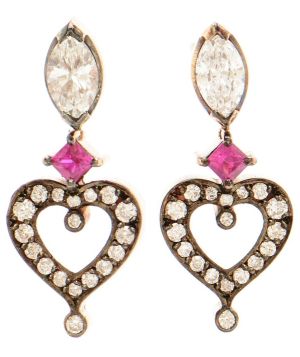 Heart 18k Rose Gold, Replica Ruby and Diamond Earrings