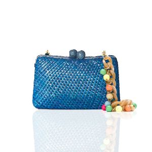 Knitted blue bag with pendants