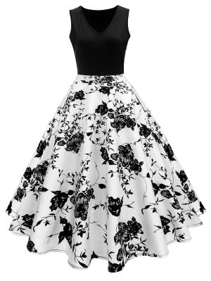 Black and white waisted dress with floral design DRESSPRO 